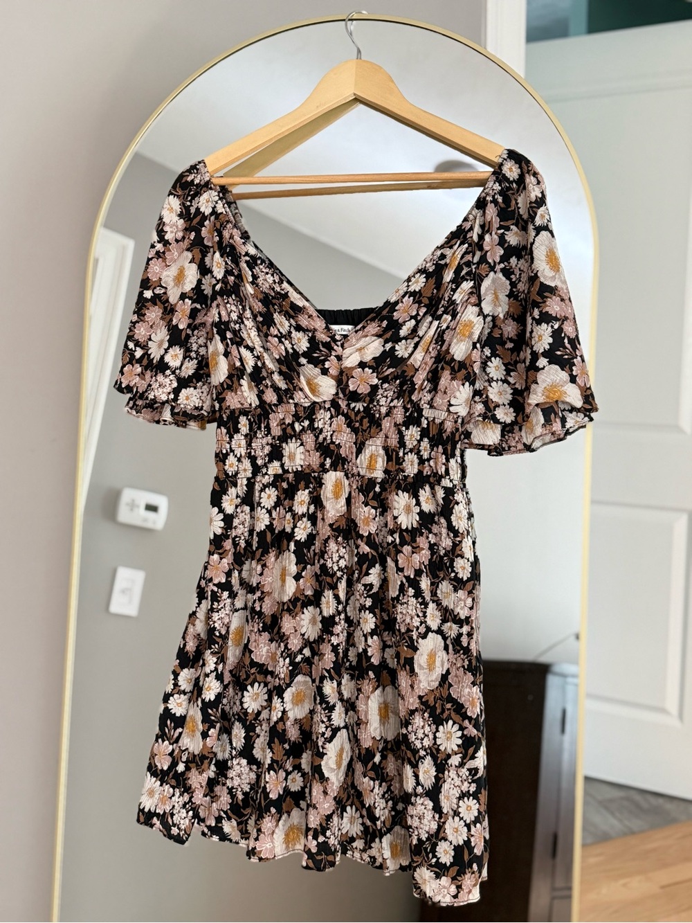 Abercrombie & Fitch Black Floral Off-Shoulder Mini Dress with Blush Accents